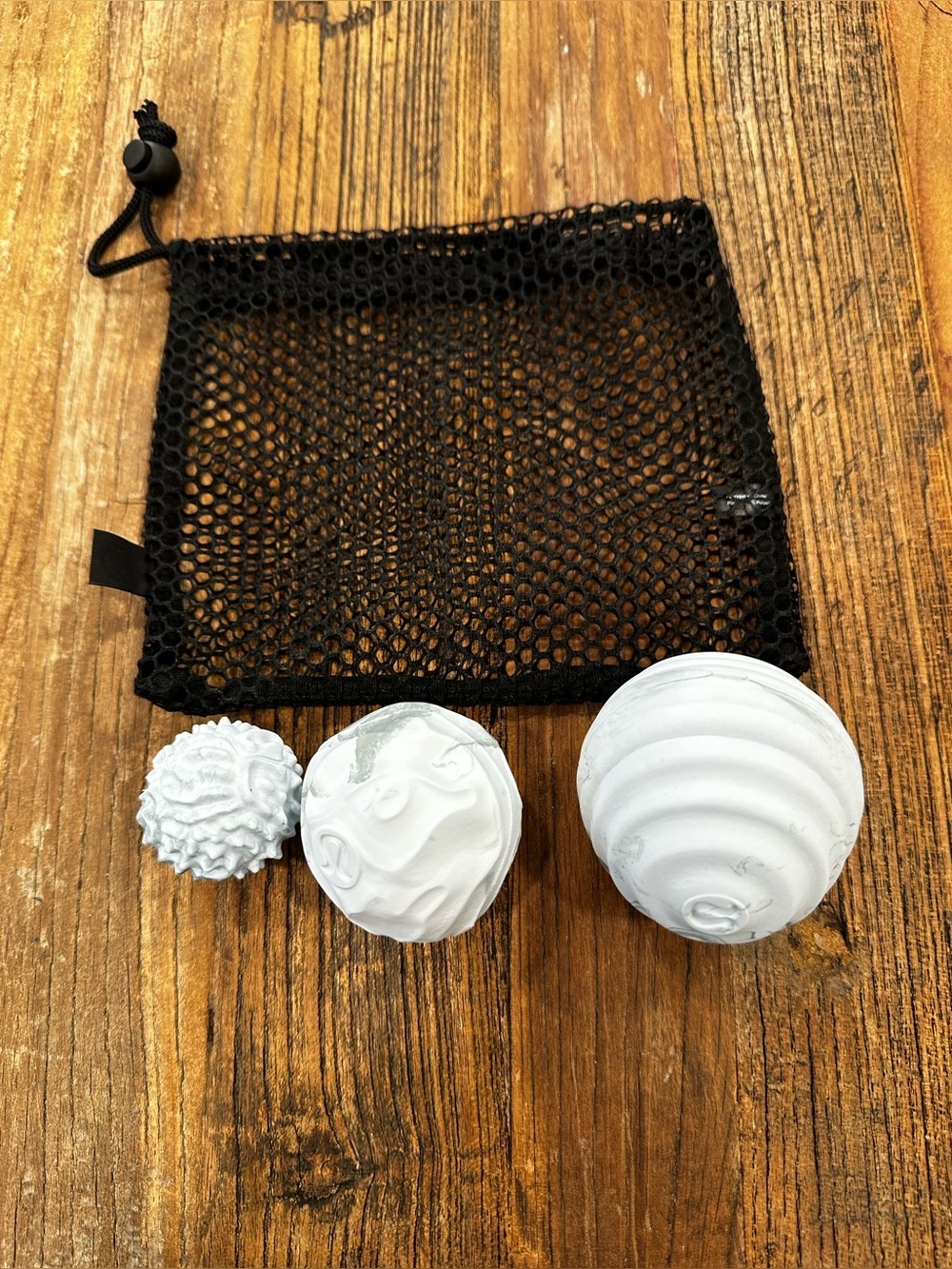 Set of 3 White light green Textured Massage / Stress Balls with Mesh Carry Pouch